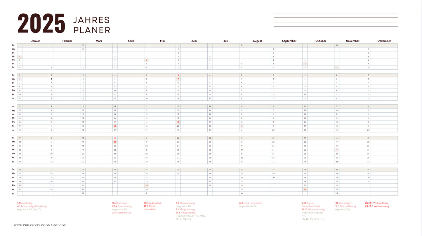 Jahresplaner 2025 – Minimalistischer Kalender zum Ausdrucken | Printable PDF