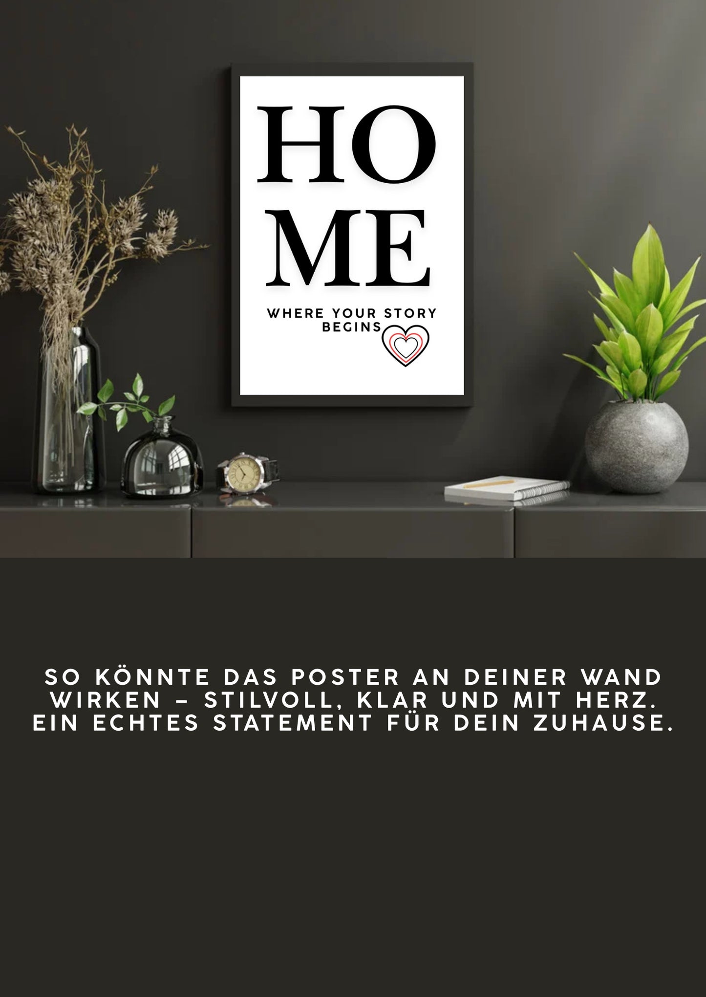 HOME Poster – minimalistisches Wandbild mit Herz – Typografie Kunst als PDF Download – Geschenkidee fürs Zuhause
