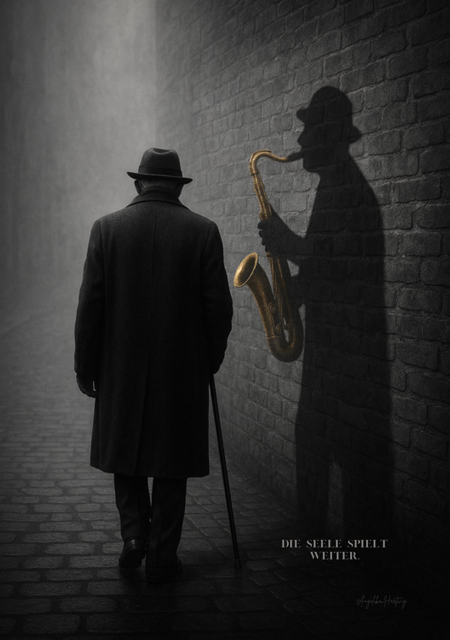 Die Seele spielt weiter – Vintage Jazz Schattenkunst Poster | Mystischer Schwarz-Weiß Print | Emotionaler Retro-Wanddekor