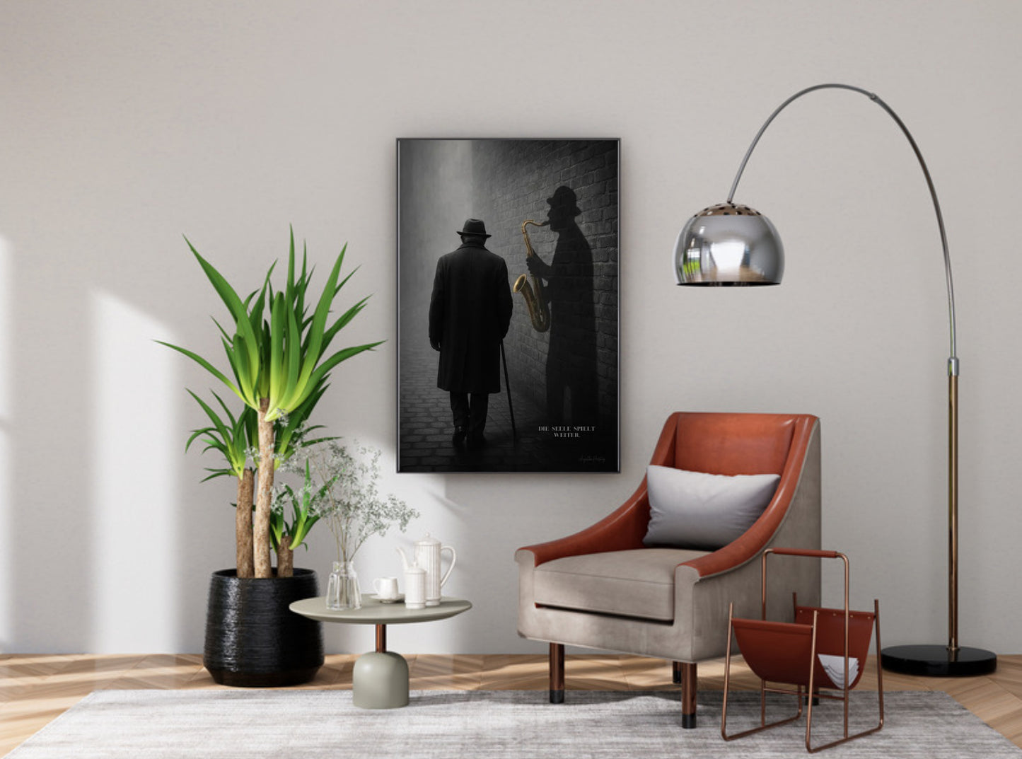 Die Seele spielt weiter – Vintage Jazz Schattenkunst Poster | Mystischer Schwarz-Weiß Print | Emotionaler Retro-Wanddekor
