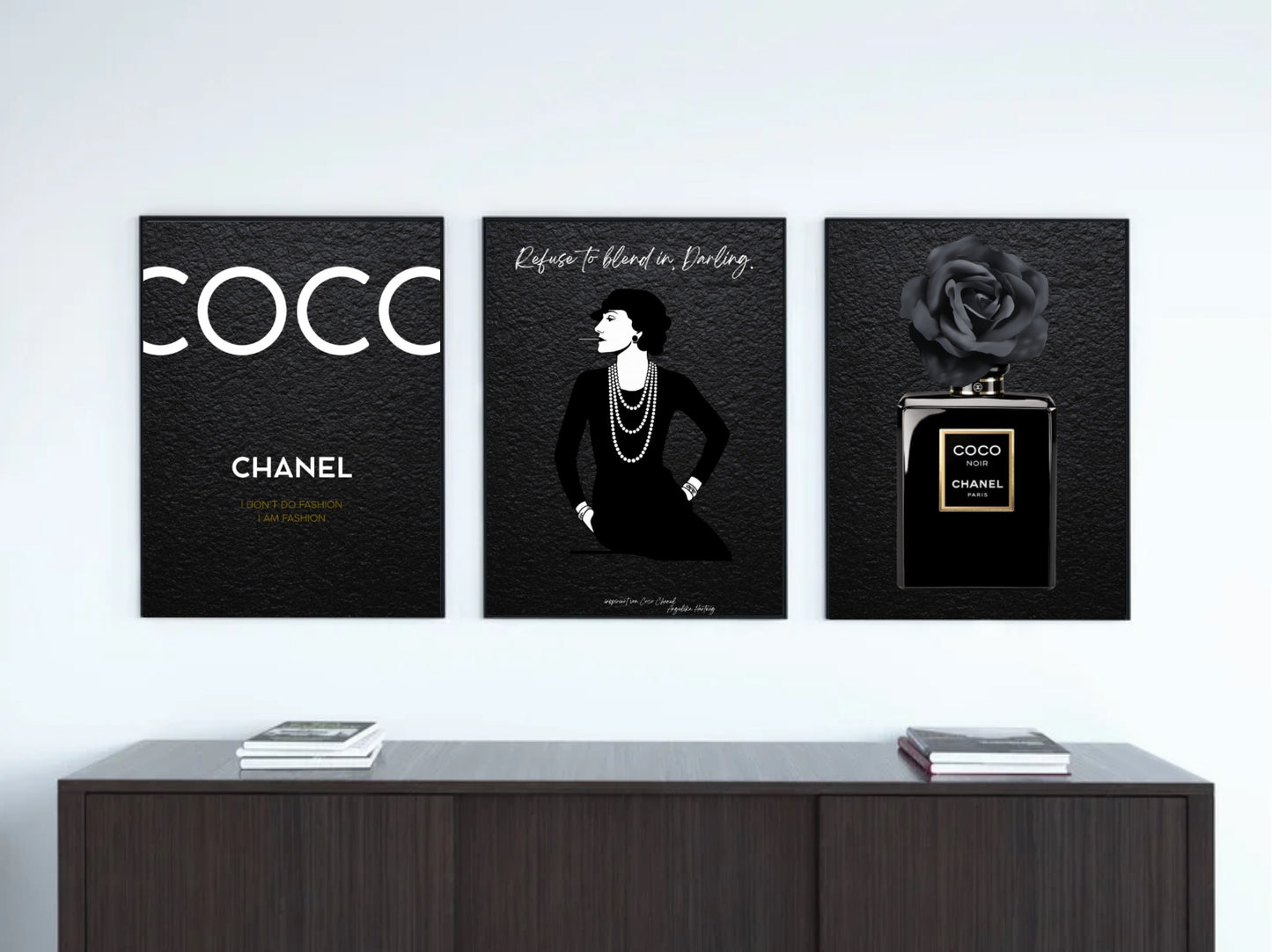 COCO NOIR ELEGANCE – 3er Poster Set im Stil von Chanel | Fashion PDF Download | Schwarz Weiß Luxuskunst