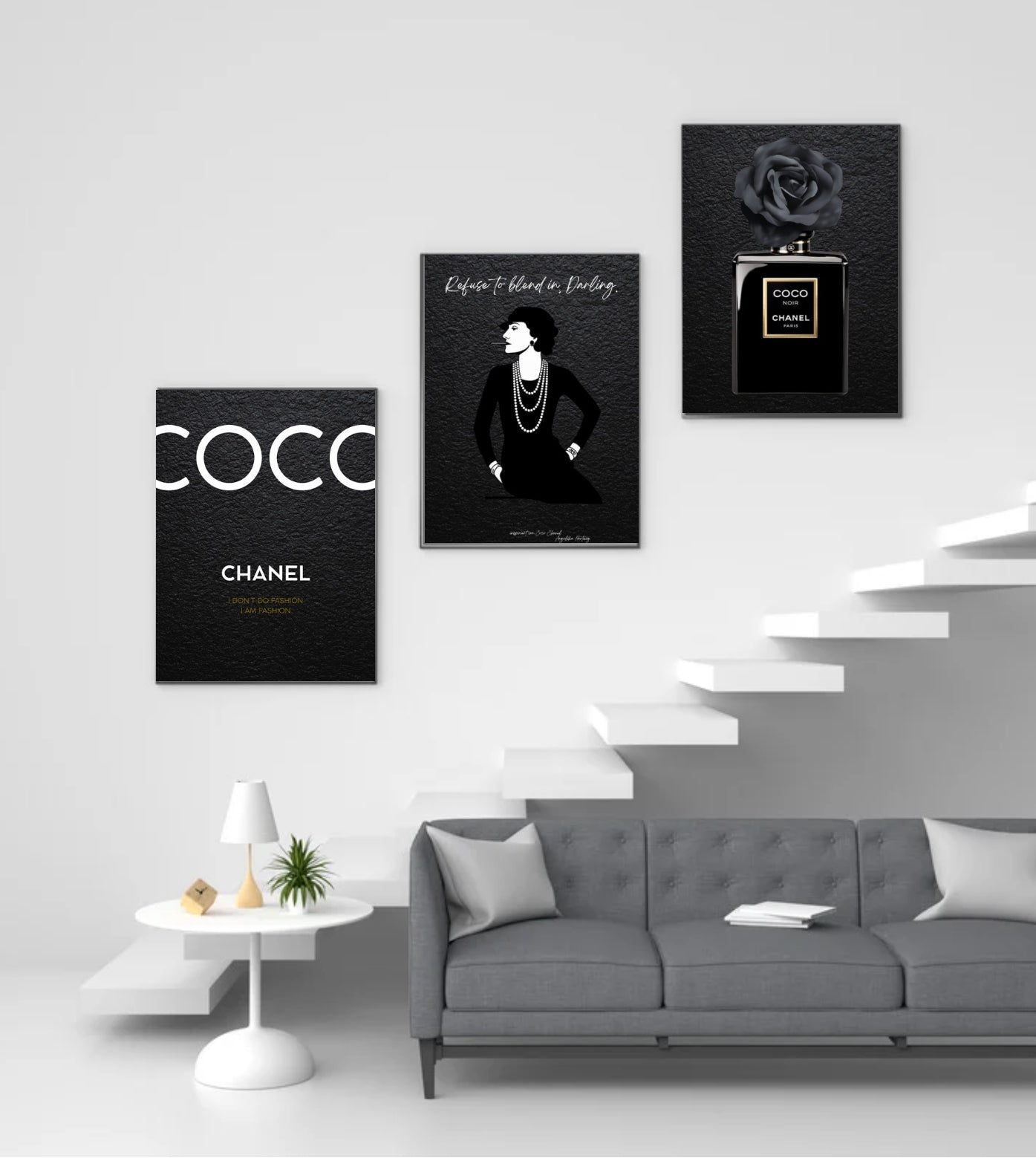 COCO NOIR ELEGANCE – 3er Poster Set im Stil von Chanel | Fashion PDF Download | Schwarz Weiß Luxuskunst