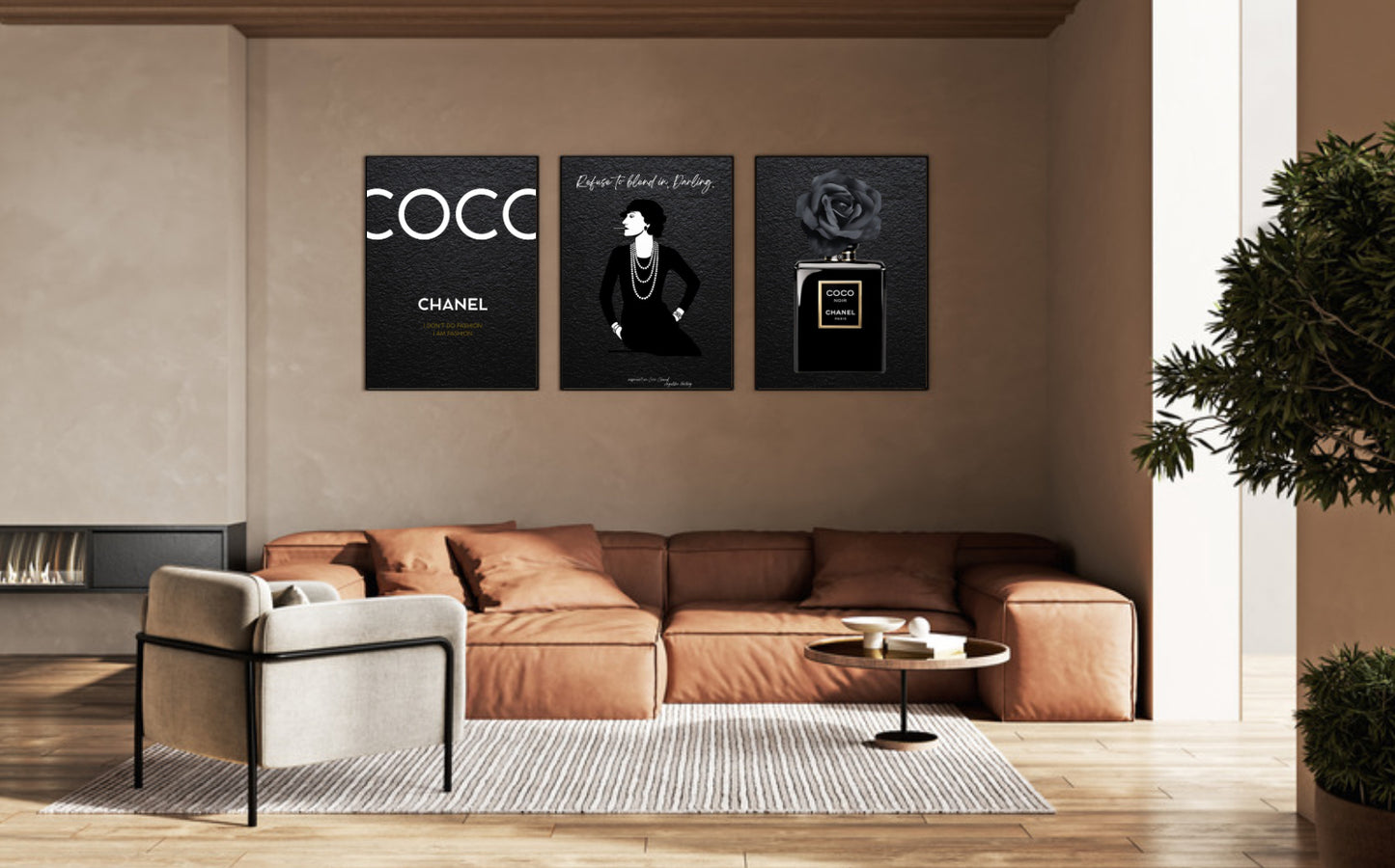 COCO NOIR ELEGANCE – 3er Poster Set im Stil von Chanel | Fashion PDF Download | Schwarz Weiß Luxuskunst