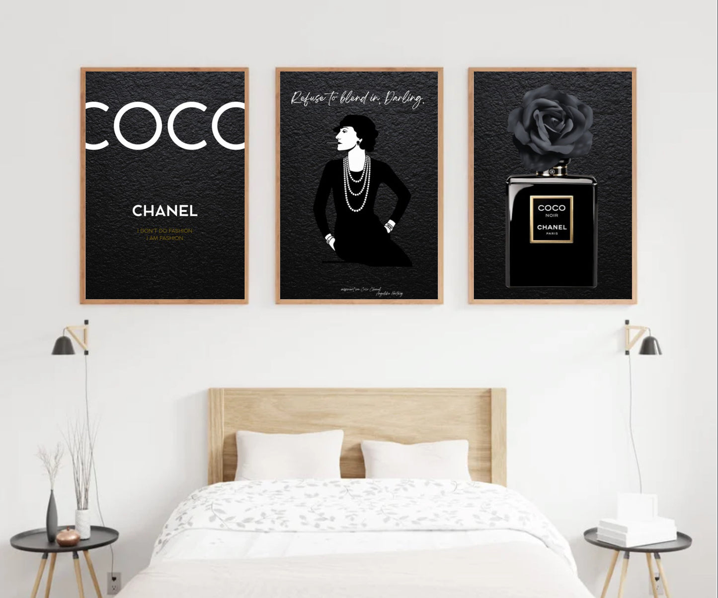COCO NOIR ELEGANCE – 3er Poster Set im Stil von Chanel | Fashion PDF Download | Schwarz Weiß Luxuskunst