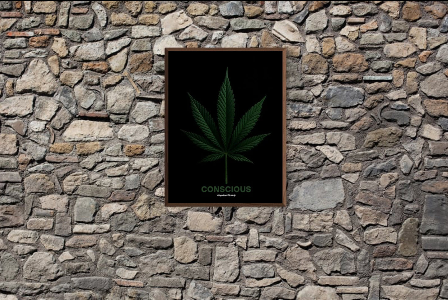 Conscious Cannabis Leaf Art Poster – A3 | Realistic Botanical Print | Black Background | Minimalist Psychedelic Wall Art by Angelique Hartwig