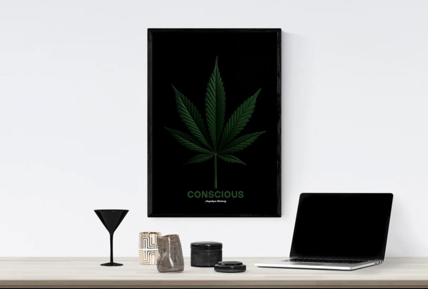 Conscious Cannabis Leaf Art Poster – A3 | Realistic Botanical Print | Black Background | Minimalist Psychedelic Wall Art by Angelique Hartwig