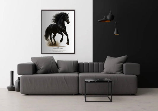100 Pferdestärken – Premium Gerahmtes Poster | Schwarzer Mustang | Luxus Wandkunst für Wohnzimmer, Büro & Geschenkidee