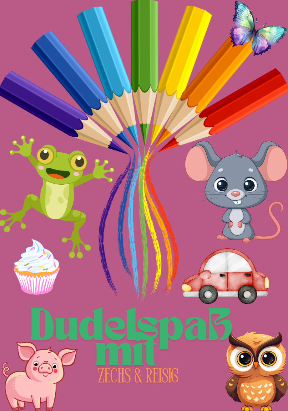 Kritzspaß mit Zechs & Reisig – 36 Ausmalbilder für Kinder | PDF Malbuch zum Ausdrucken | Tiere, Fahrzeuge, Ponys, Essen & mehr