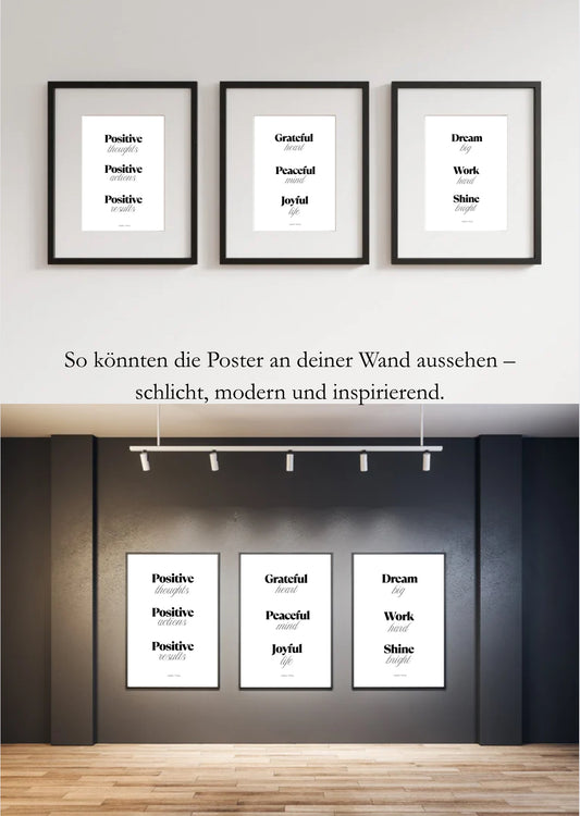 Set aus 3 minimalistischen Motivations-Postern (PDF-Download) „Positive Thoughts – Peaceful Mind – Dream Big“ Modern. Stilvoll. Inspirierend.