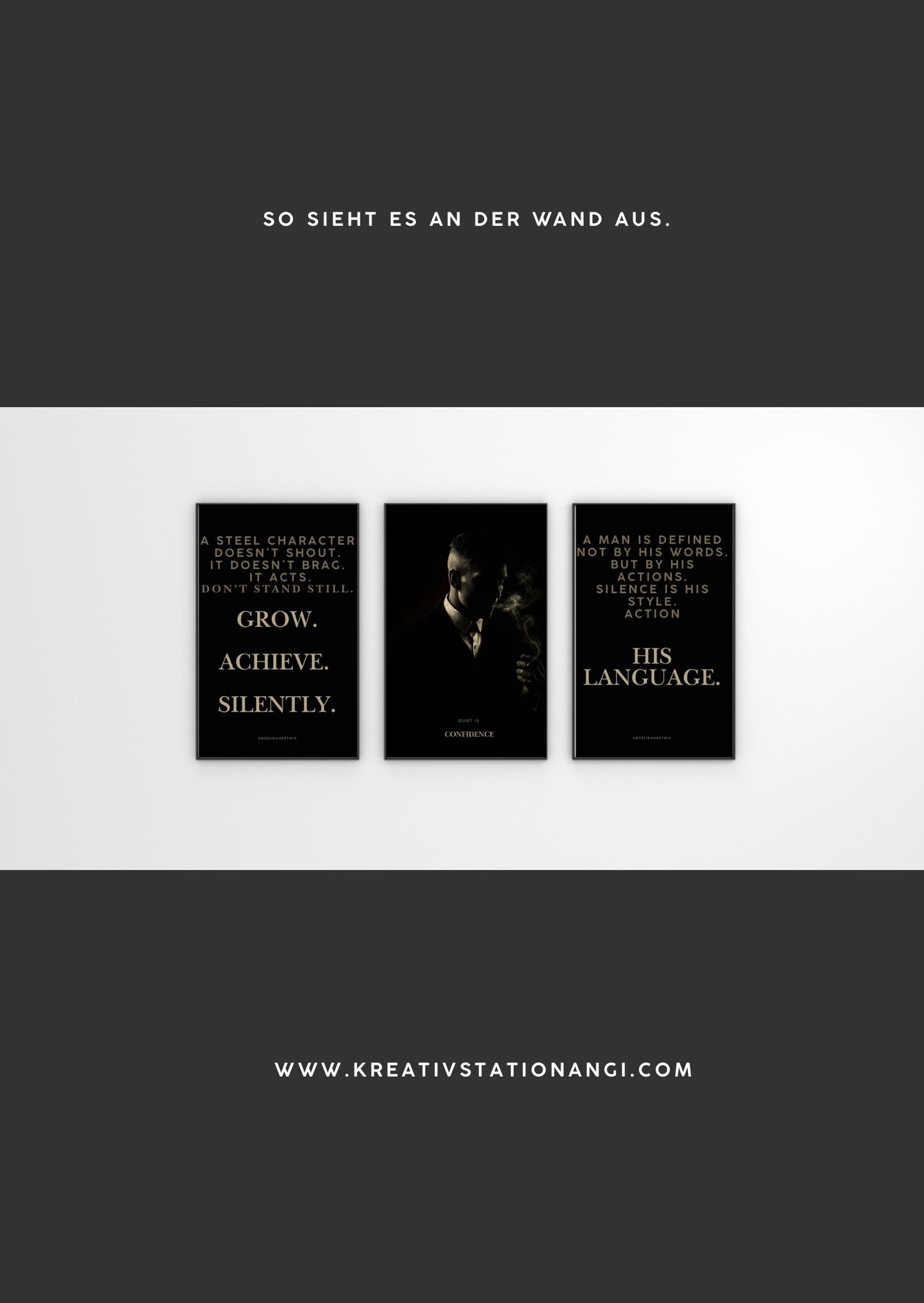 Männer Wandkunst – Dunkles, maskulines Poster-Set – Motivation, Stil und Präsenz – PDF-Download, personalisierbar