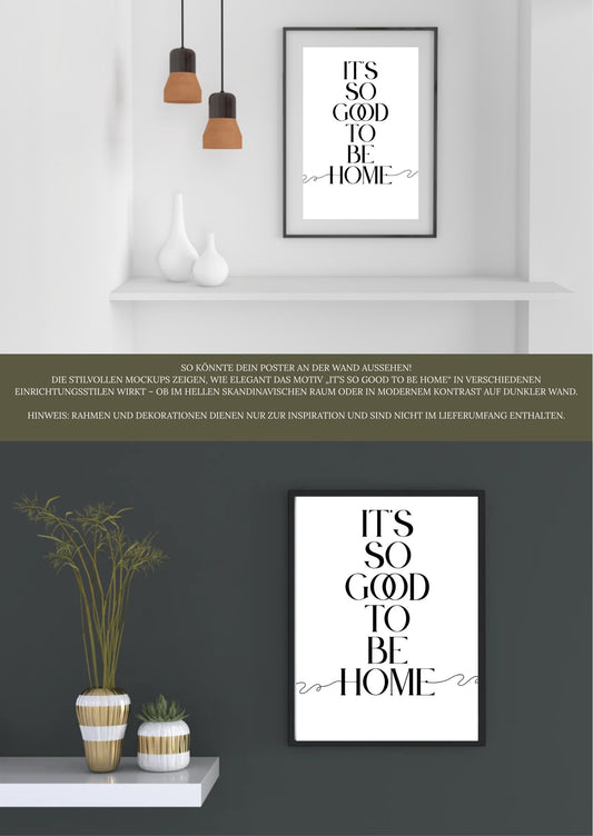 „It’s so good to be home“ – Minimalistischer Wandprint in Schwarz-Weiß, A4 PDF zum Sofort-Download