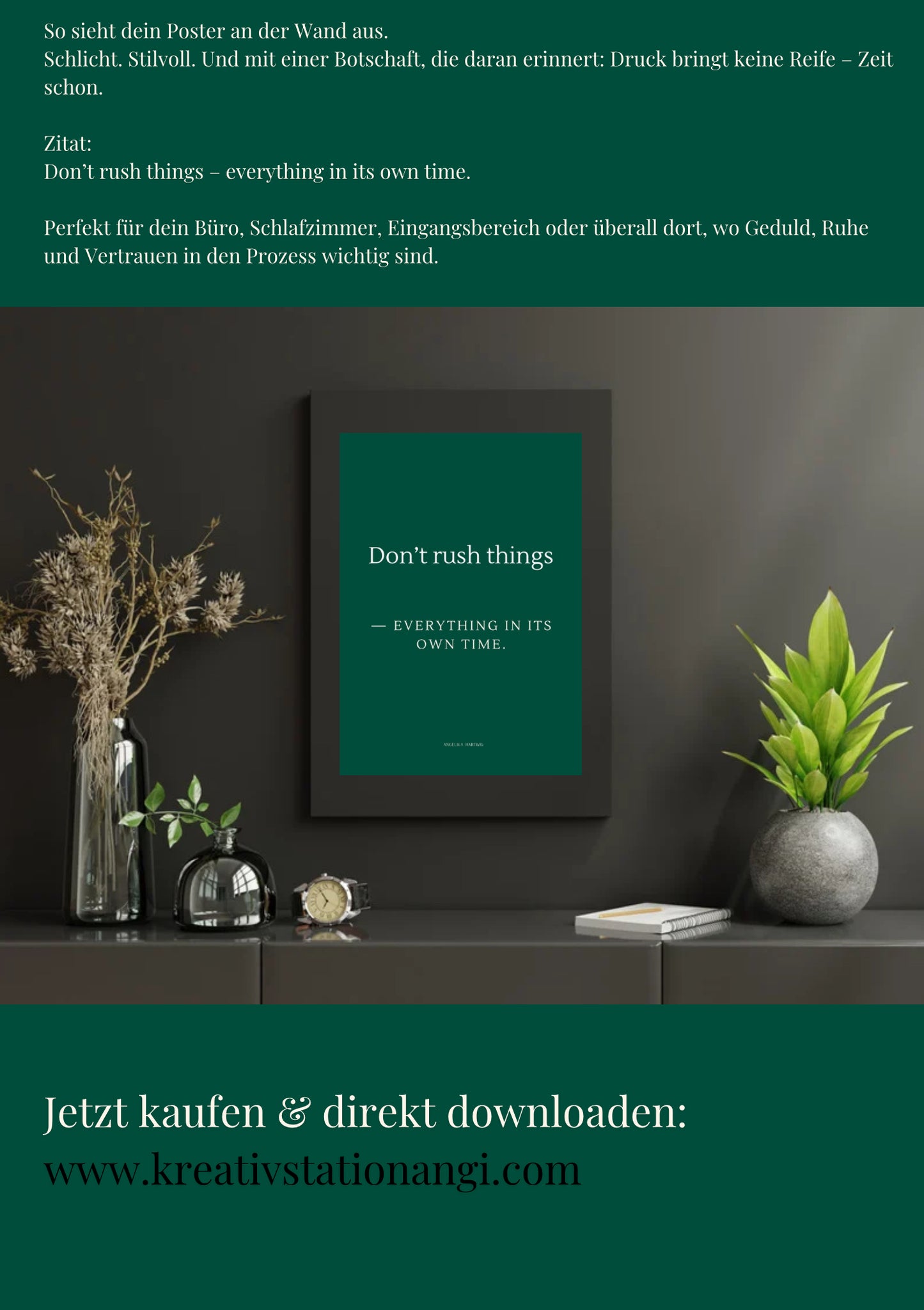 Digitales Poster „Don’t Rush Things“ – PDF zum Download – Minimalistisches Zitat in Smaragdgrün – A4 Format