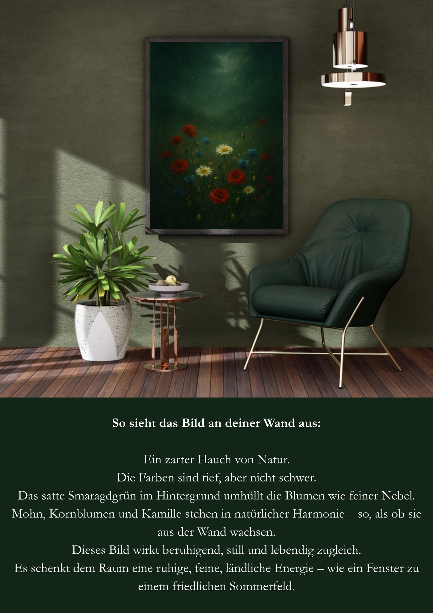 Wildblumenfeld – Poster – Smaragdgrüner Hintergrund – A2 PDF zum Ausdrucken + A4 Geschenk – Ruhige Blumenwandkunst – Vintage Stil