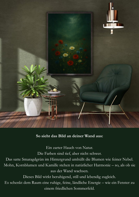 Wildblumenfeld – Poster – Smaragdgrüner Hintergrund – A2 PDF zum Ausdrucken + A4 Geschenk – Ruhige Blumenwandkunst – Vintage Stil