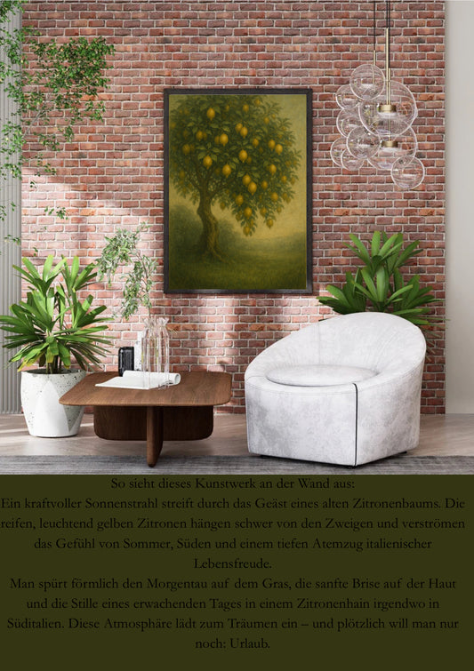 A2 Poster | Zitronenbaum im Morgentau | Italienische Landschaft | Vintage-Stil | Kraftvoll & beruhigend | Digitaler Kunstdruck
