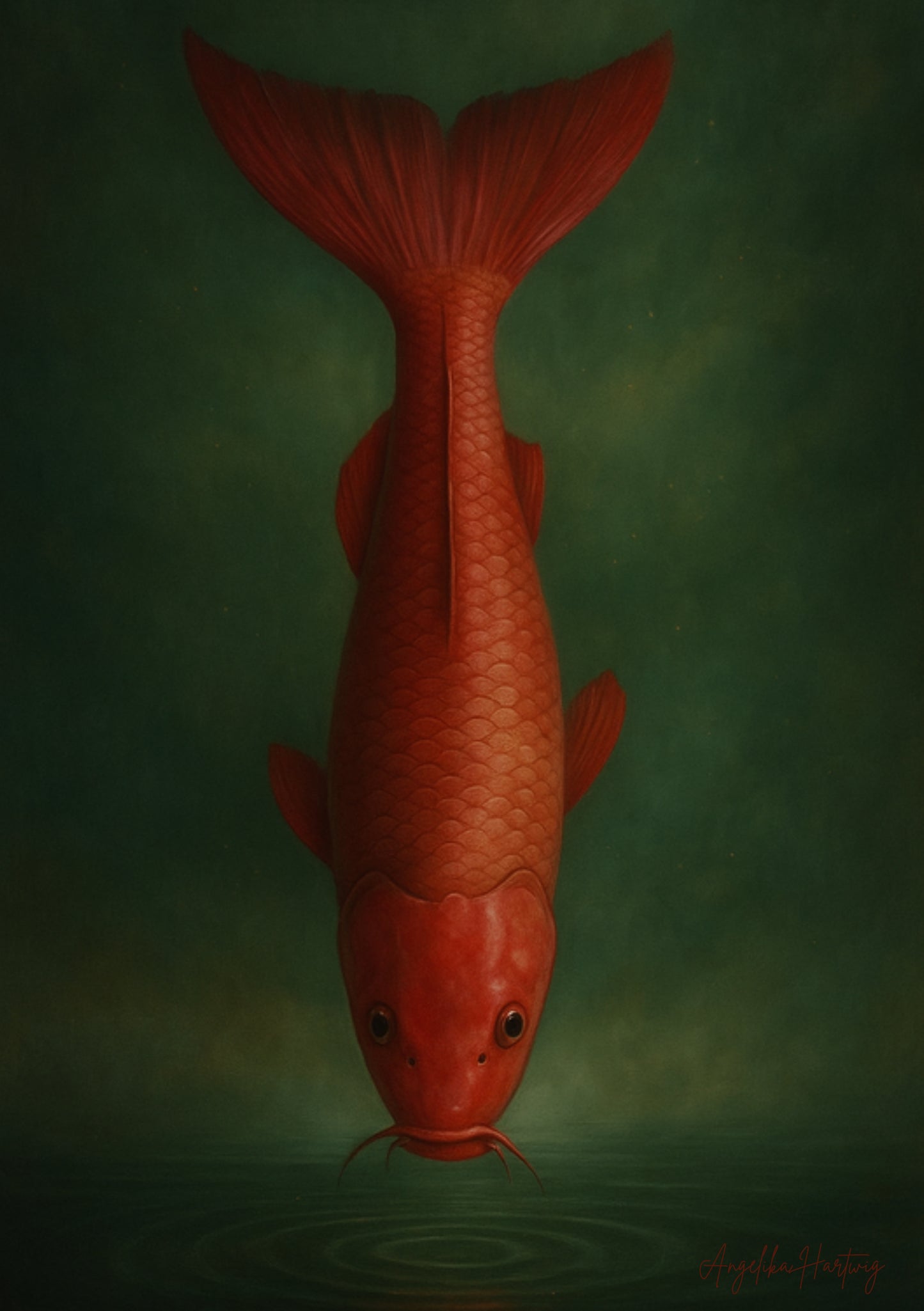 Roter Fisch – Aufstieg & innere Stärke – A2 Poster PDF – Smaragdgrüner Hintergrund – Digitale Wandkunst + A4 Geschenkversion