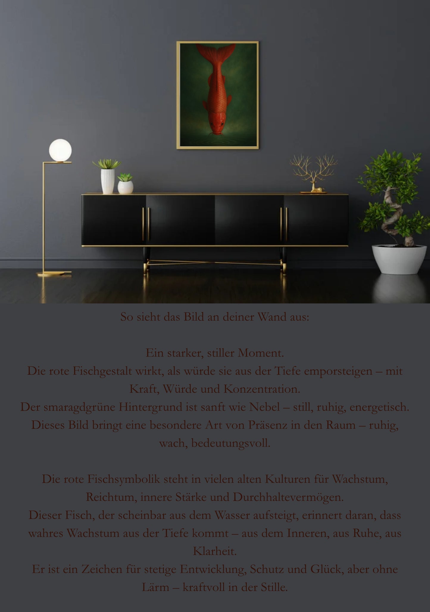 Roter Fisch – Aufstieg & innere Stärke – A2 Poster PDF – Smaragdgrüner Hintergrund – Digitale Wandkunst + A4 Geschenkversion