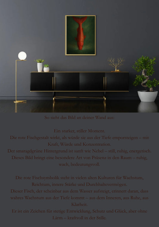 Roter Fisch – Aufstieg & innere Stärke – A2 Poster PDF – Smaragdgrüner Hintergrund – Digitale Wandkunst + A4 Geschenkversion