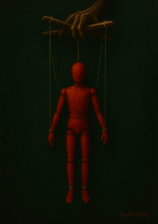 A2 Poster | Rote Marionette an Fäden | Symbolische Kunst gegen Manipulation | Selbstbestimmung | Psychologische Wanddeko | Dunkelgrüner Hintergrund | Digitaler Kunstdruck