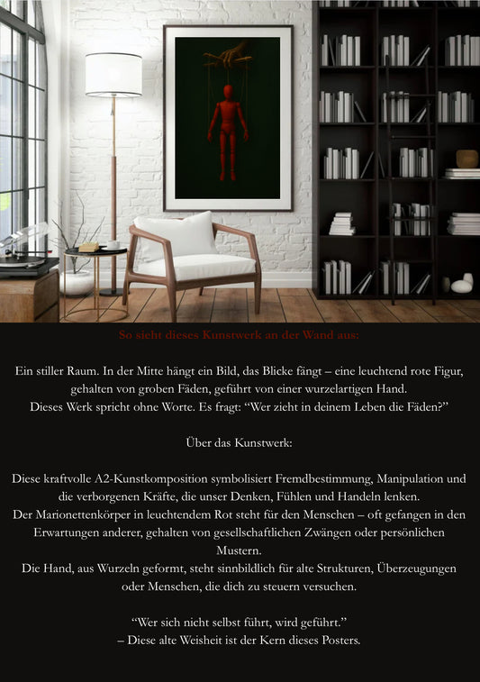 A2 Poster | Rote Marionette an Fäden | Symbolische Kunst gegen Manipulation | Selbstbestimmung | Psychologische Wanddeko | Dunkelgrüner Hintergrund | Digitaler Kunstdruck