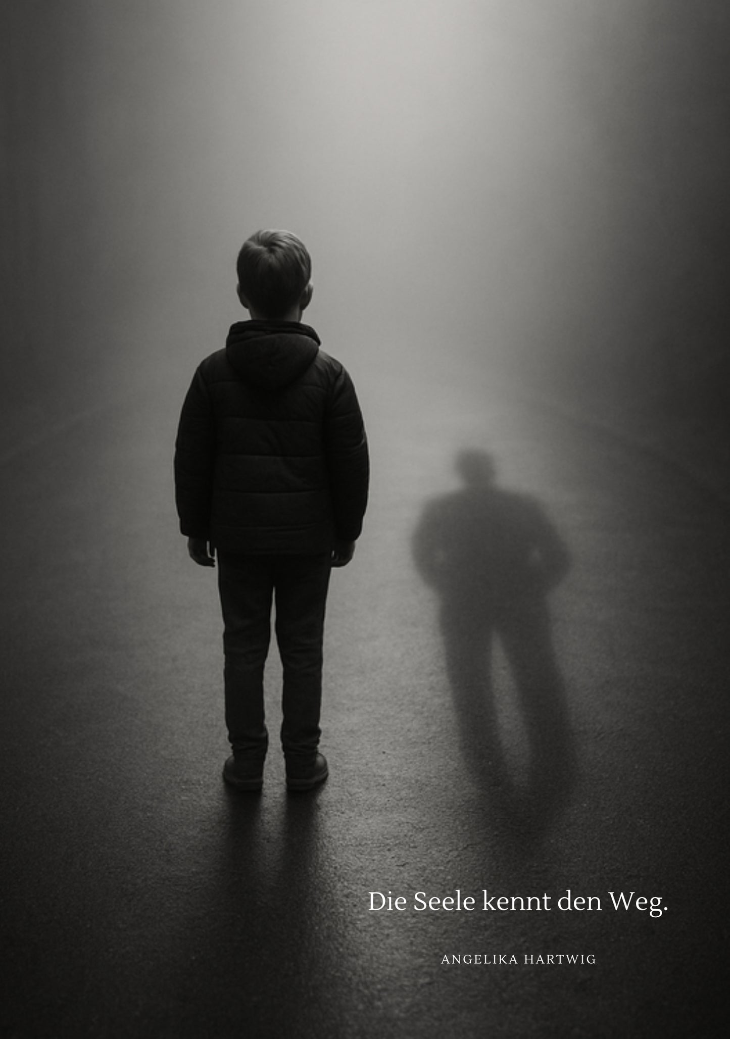 „Die Seele kennt den Weg“ – Philosophischer Poster in Schwarz-Weiß, Junge mit Schatten, A1/A4, Emotionale Wandkunst