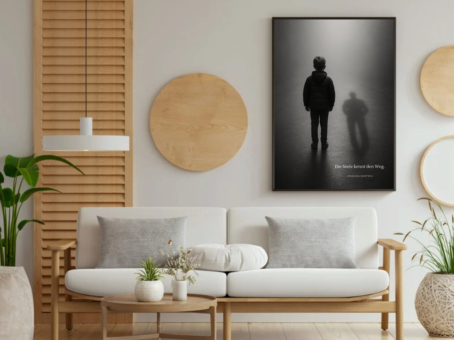 „Die Seele kennt den Weg“ – Philosophischer Poster in Schwarz-Weiß, Junge mit Schatten, A1/A4, Emotionale Wandkunst