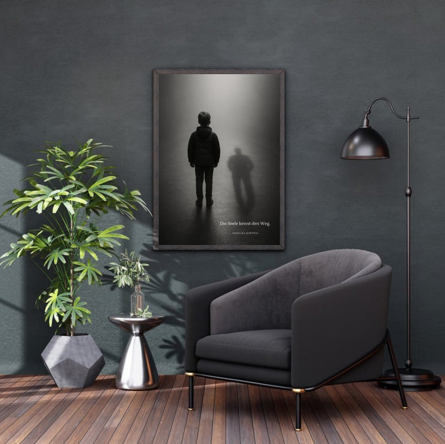 „Die Seele kennt den Weg“ – Philosophischer Poster in Schwarz-Weiß, Junge mit Schatten, A1/A4, Emotionale Wandkunst
