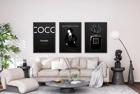 COCO NOIR ELEGANCE – 3er Poster Set im Stil von Chanel | Fashion PDF Download | Schwarz Weiß Luxuskunst