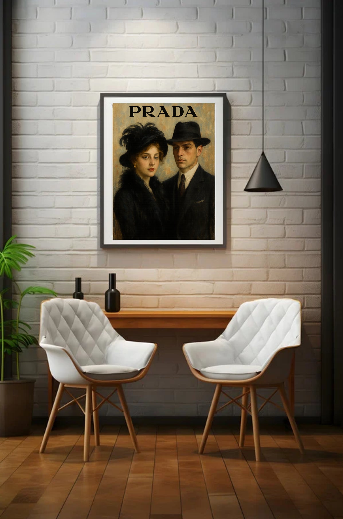 Prada – Elegantes Vintage Kunstposter | PDF, A4 & A1 Format | Modische Paar Illustration | Luxus & Retro-Chic