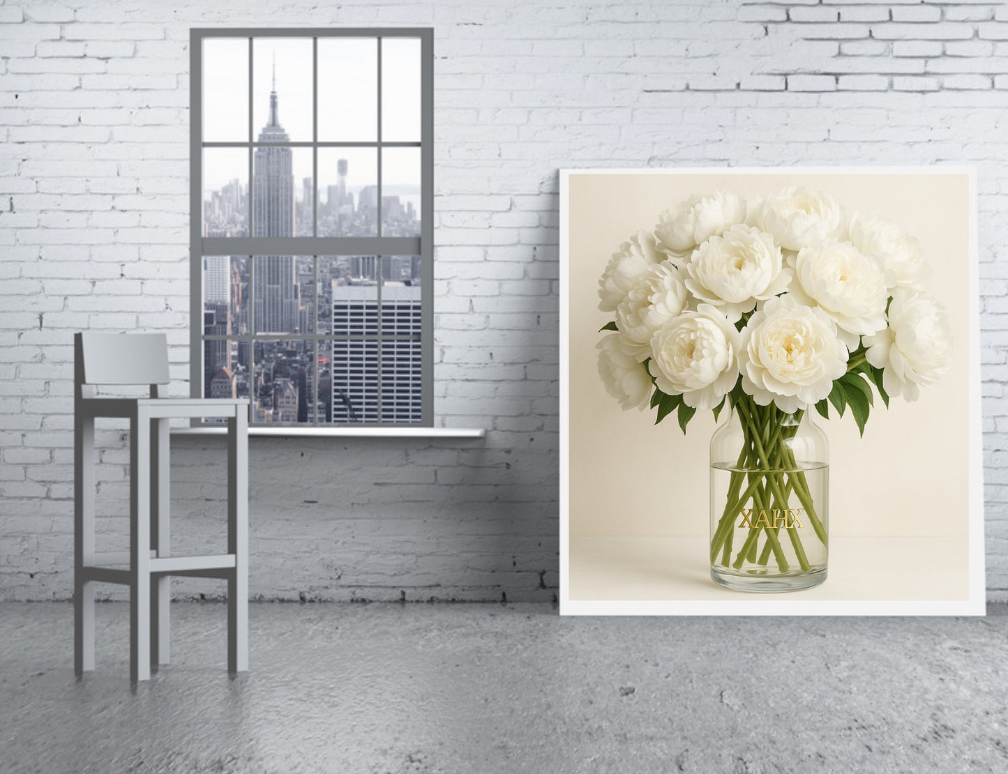 Luxus Poster „Weiße Pfingstrosen im Glas“ | Premium Wandbild | Quadrat 1×1 m | PDF Download