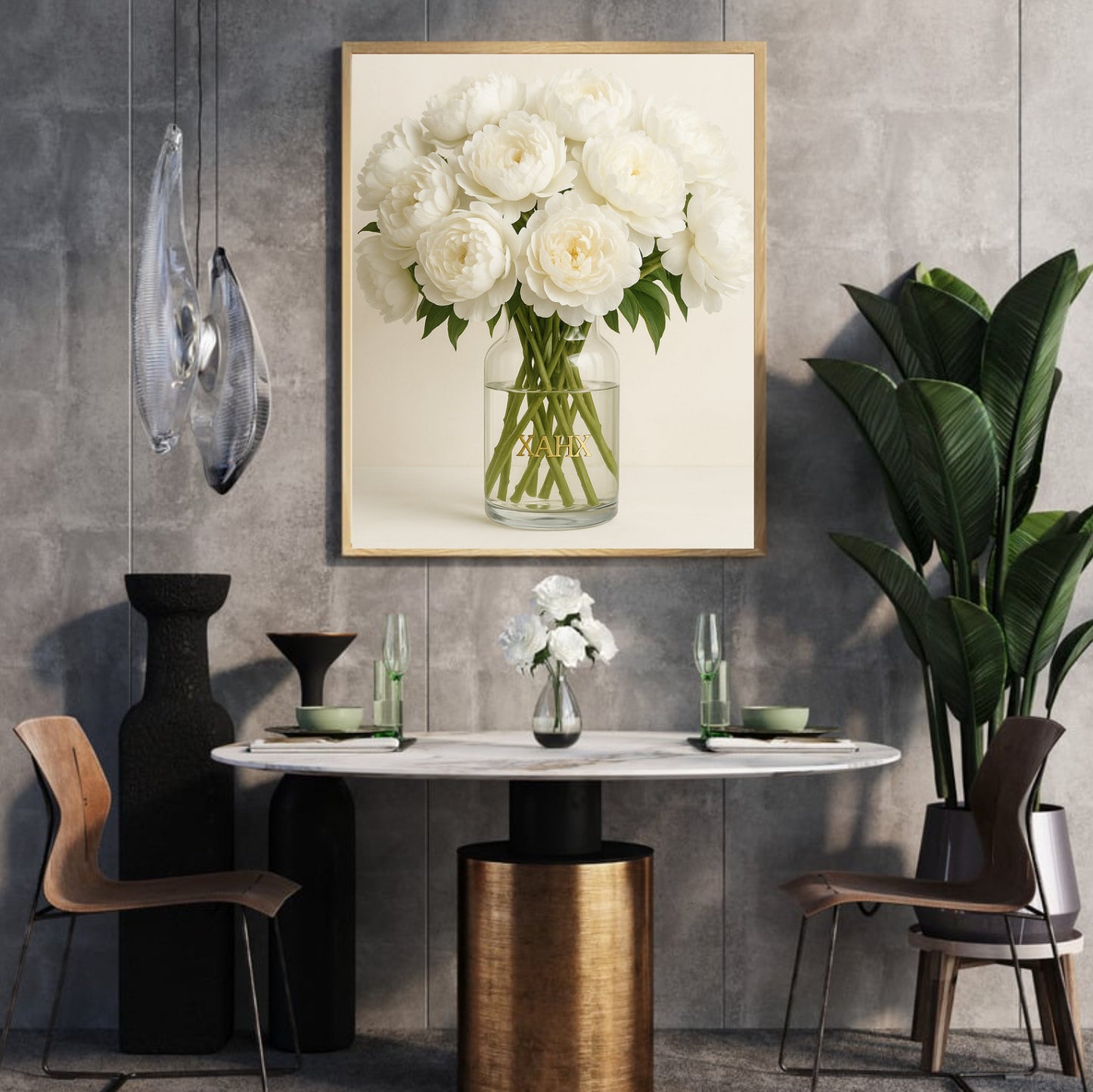 Luxus Poster „Weiße Pfingstrosen im Glas“ | Premium Wandbild | Quadrat 1×1 m | PDF Download
