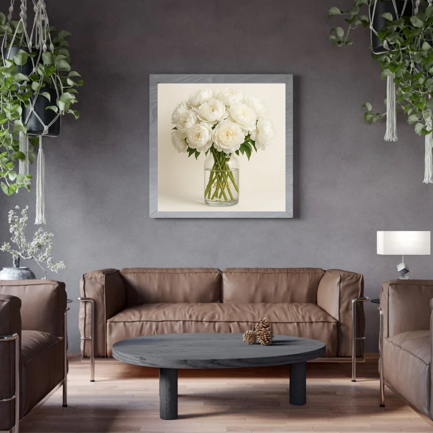 Luxus Poster „Weiße Pfingstrosen im Glas“ | Premium Wandbild | Quadrat 1×1 m | PDF Download