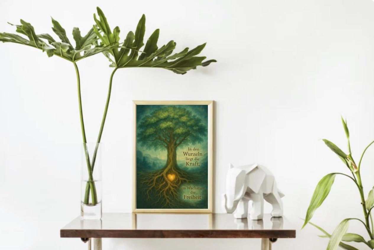 Poster „Wurzeln – wahre Kraft“ | Wanddeko Natur Baum Wurzeln | Premium Wandbild Wohnzimmer Büro Spiritualität