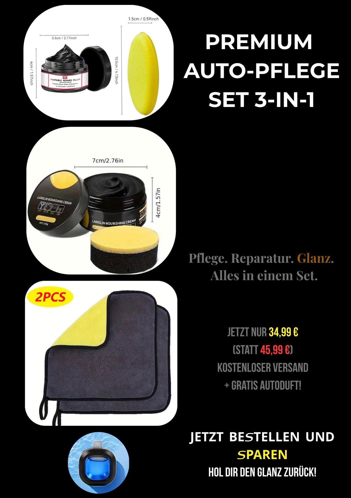 Premium Auto-Pflege Set 4-in-1 | Mikrofaser-Tücher & Leder-Reparatur Creme | Pflege & Glanz für Innenraum & Sitze | Gratis Autoduft | Kostenlose Lieferung