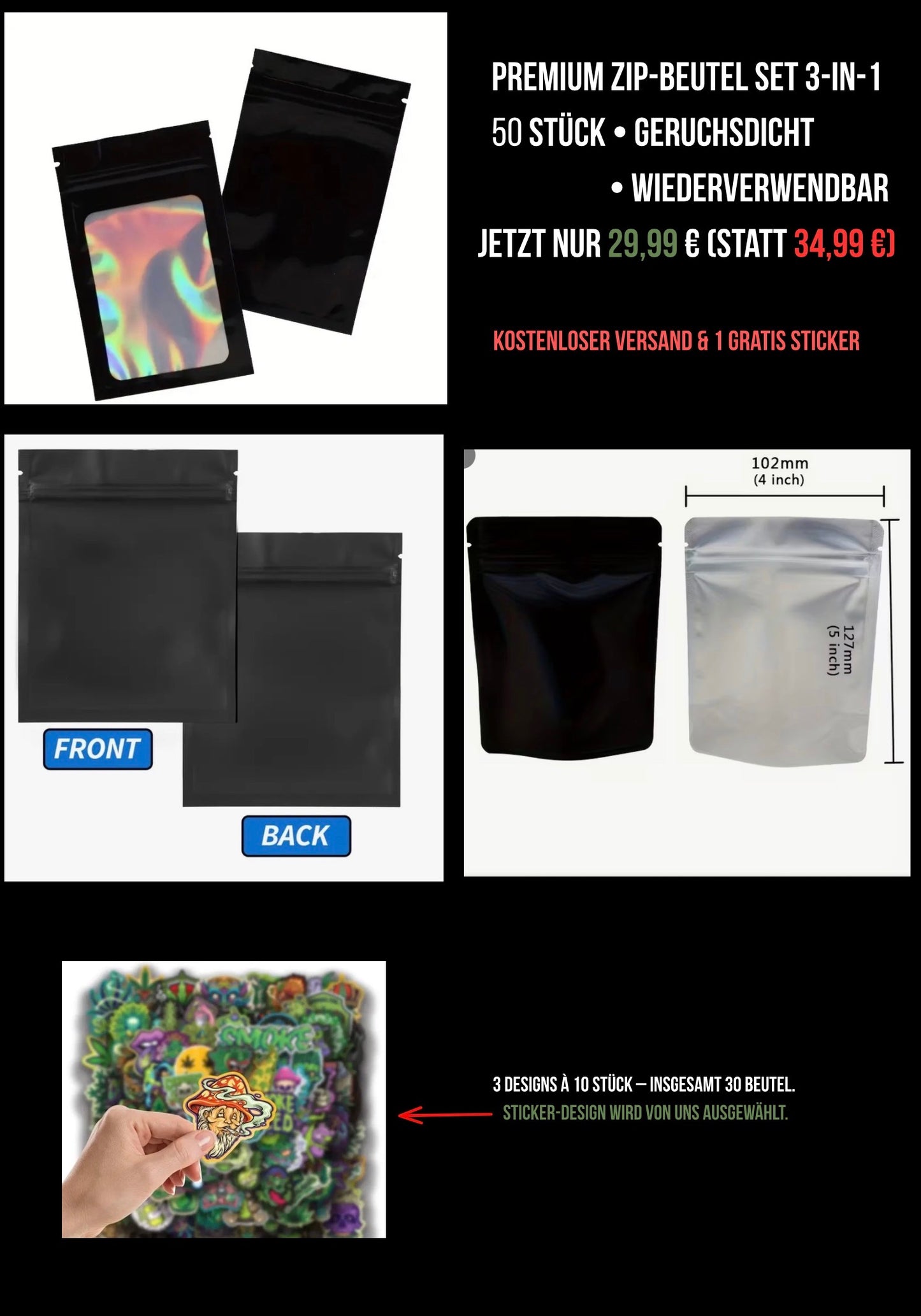 Premium ZIP-Beutel Set 50 Stück | 3 Designs & 3 Größen à 10 | Geruchsdicht, Wiederverwendbar & Vielseitig | Kostenloser Versand + 1 Gratis Sticker