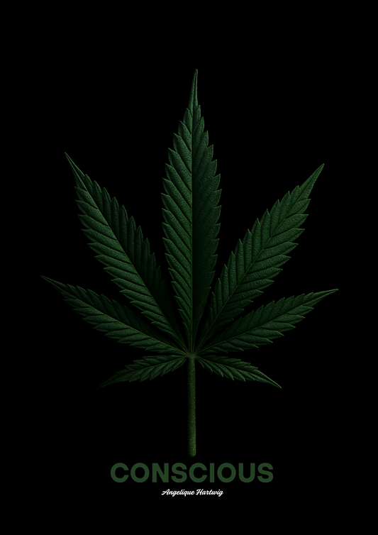 Conscious Cannabis Leaf Art Poster – A3 | Realistic Botanical Print | Black Background | Minimalist Psychedelic Wall Art by Angelique Hartwig