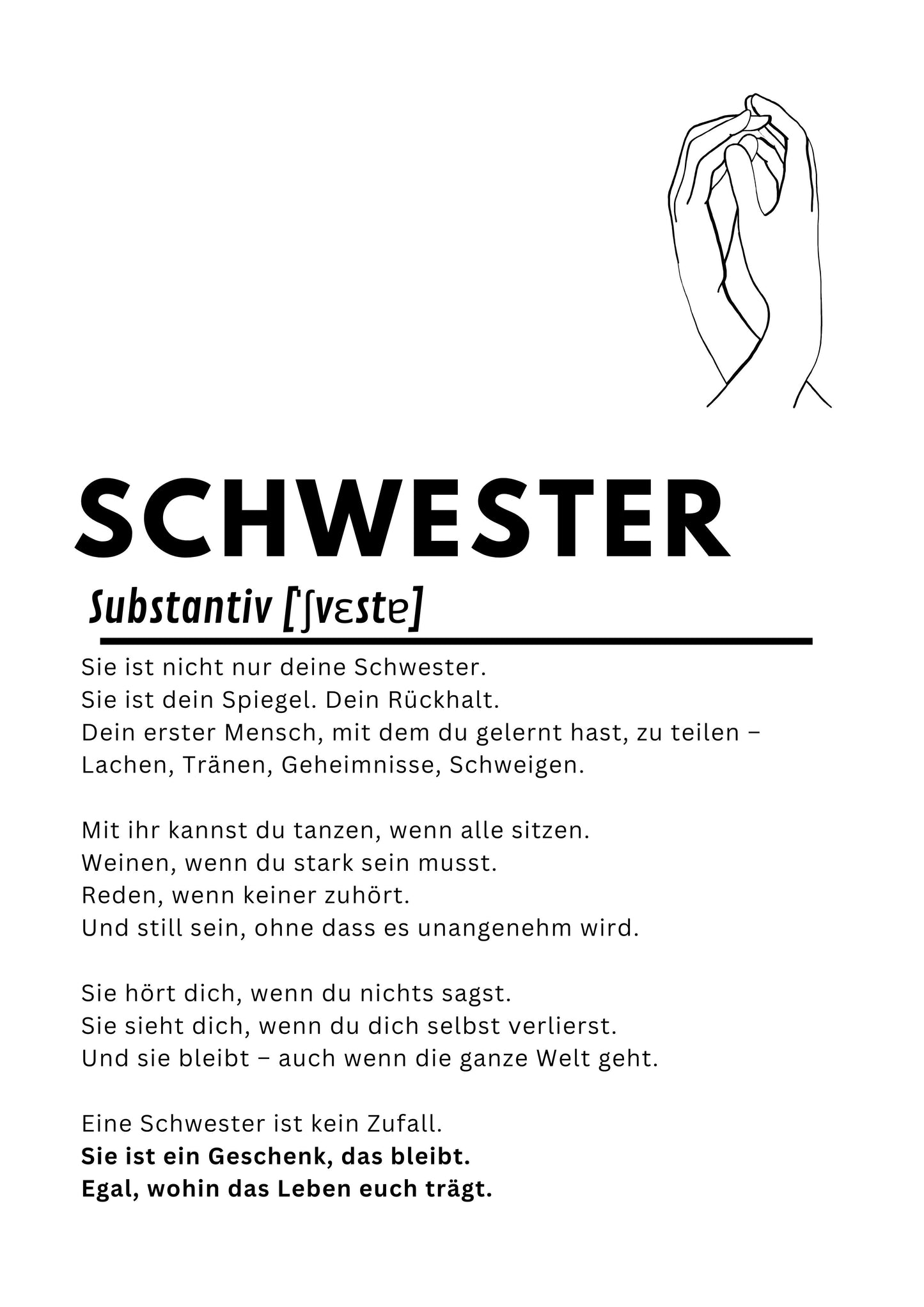 SCHWESTER Poster – Emotionaler A4 Kunstdruck, Geschenk für Schwester, Wandbild über Verbundenheit, PDF