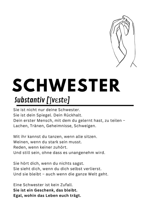 SCHWESTER Poster – Emotionaler A4 Kunstdruck, Geschenk für Schwester, Wandbild über Verbundenheit, PDF